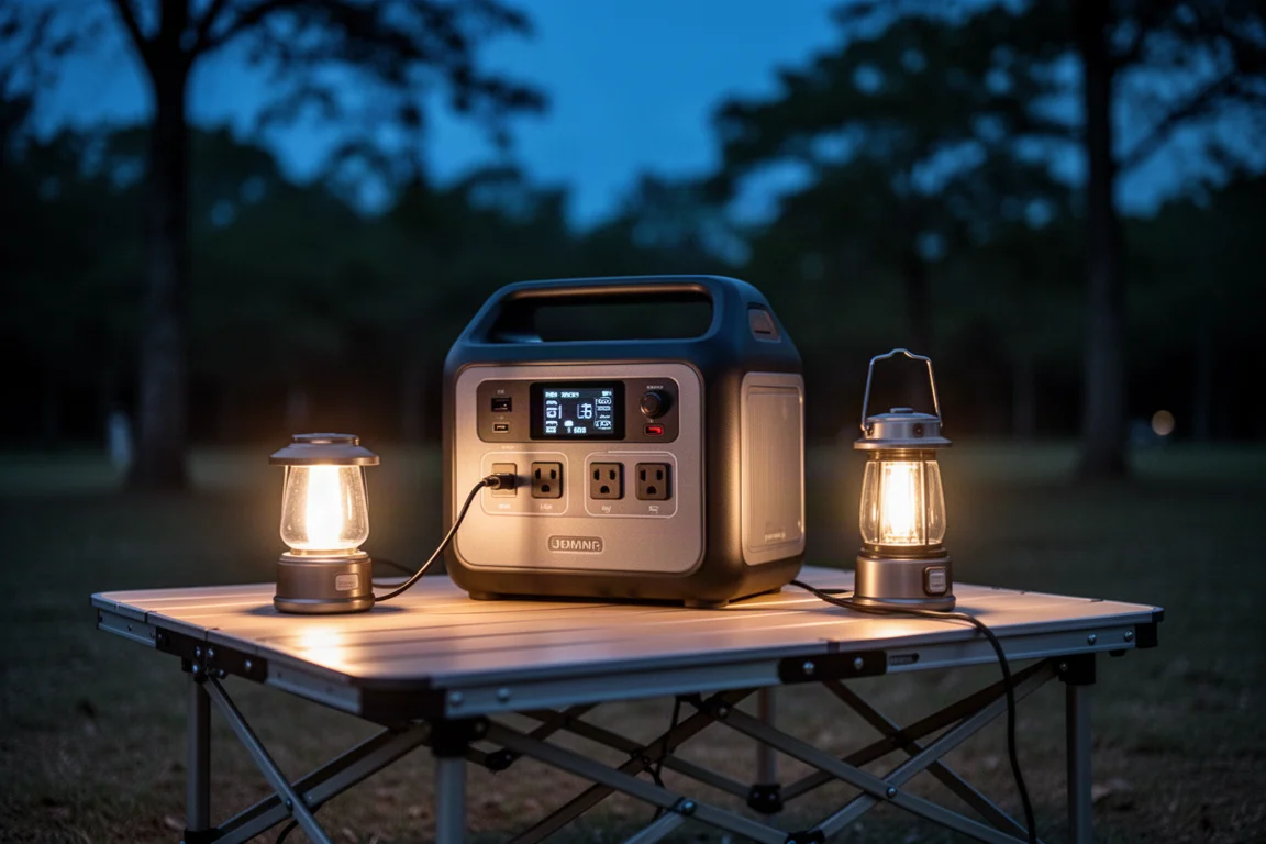 Portabel kraftstation på ett campingbord som laddar en lykta och en telefon i skymningen