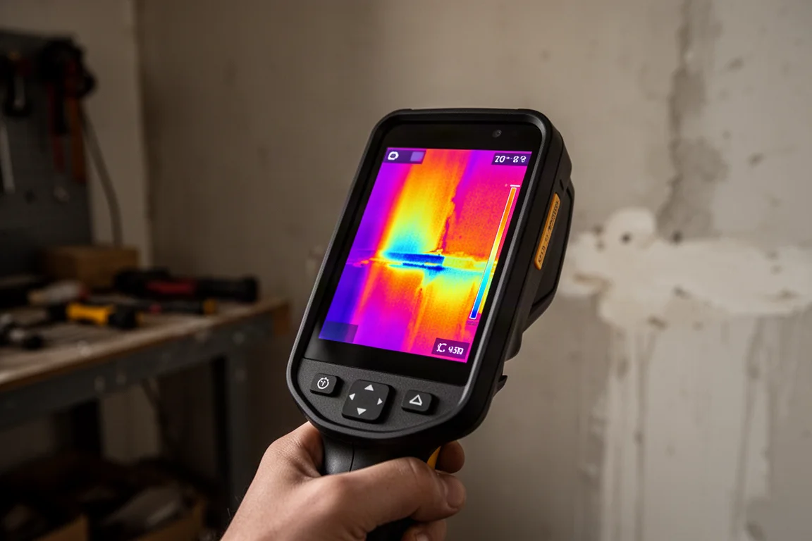 Thermokamera-Display mit Wärmebild einer Wand in einer schwach beleuchteten Werkstatt