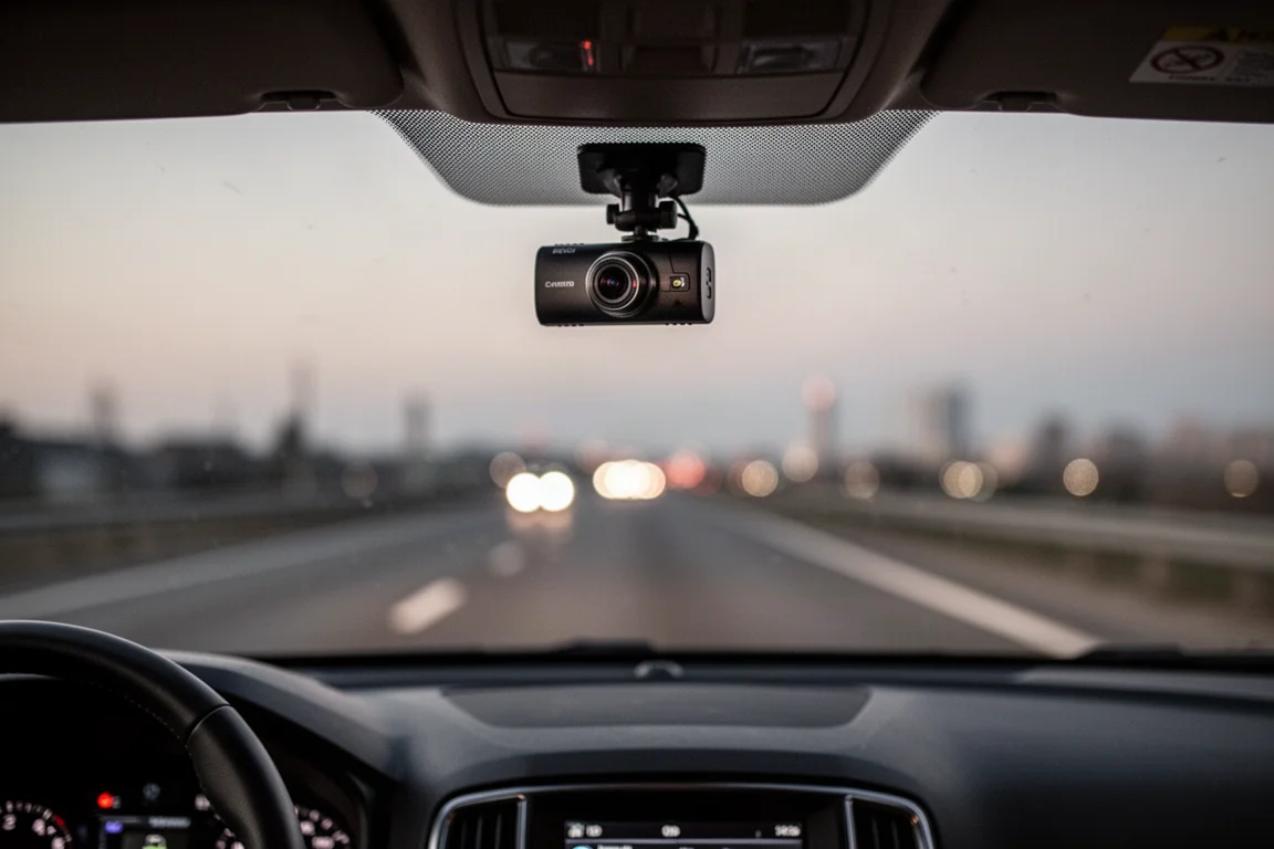 Kleine Dashcam hinter der Windschutzscheibe eines Autos, die in der Dämmerung die Straße aufnimmt