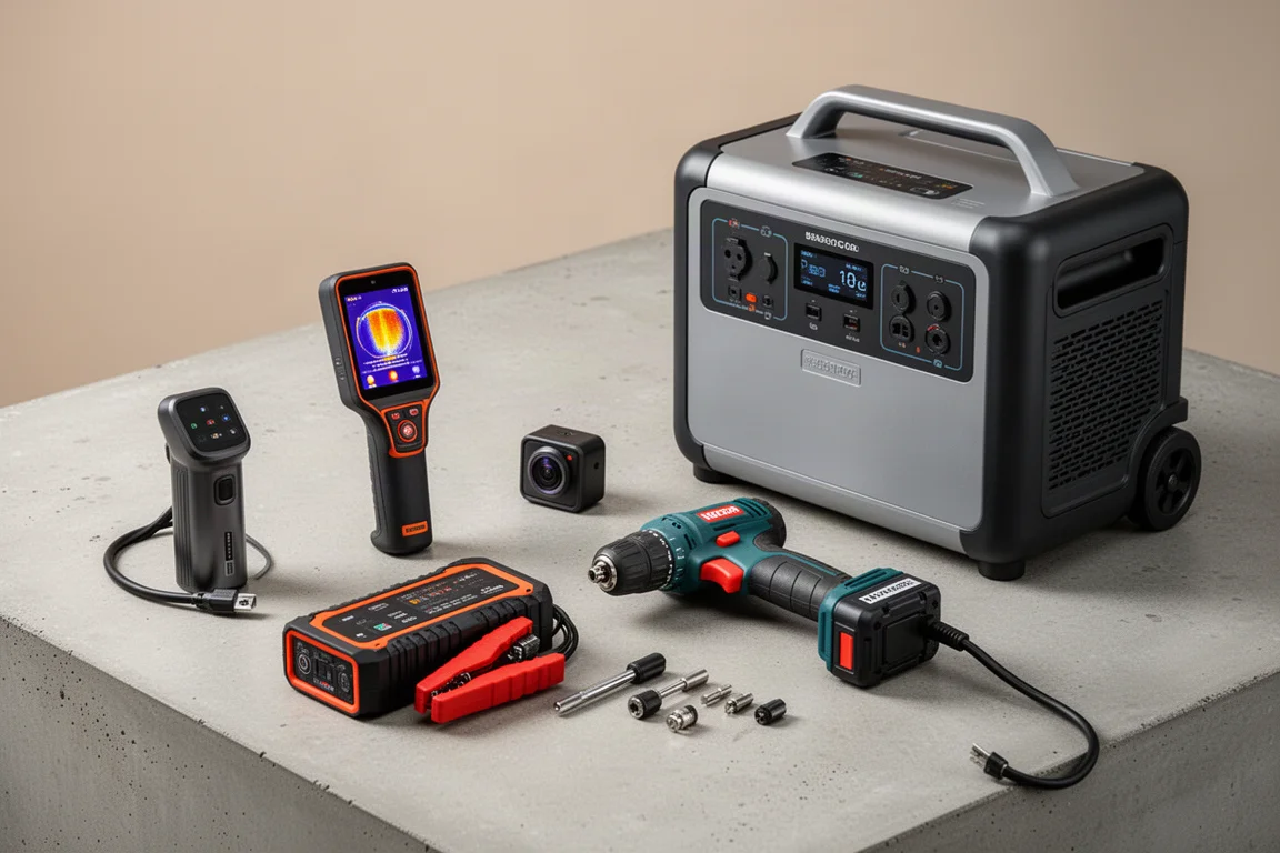 Six tools and gadgets including a tire inflator, thermal camera, dash cam, jump starter, drill, and power station on a concrete surface