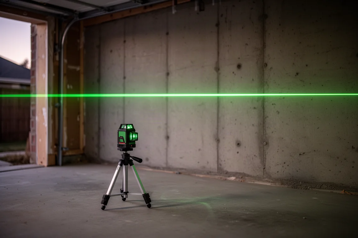 Lasernivå som projicerar en horisontell grön linje över en garagevägg