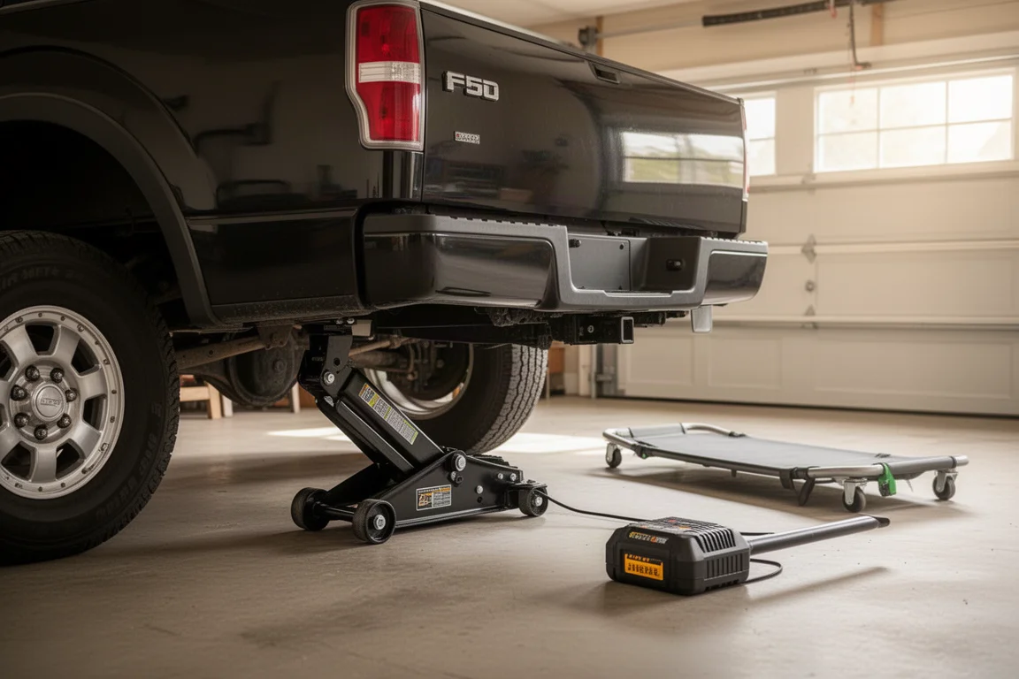Batteridriven golvpalllyft som lyfter bakänden av en pickup i ett hemmagarage