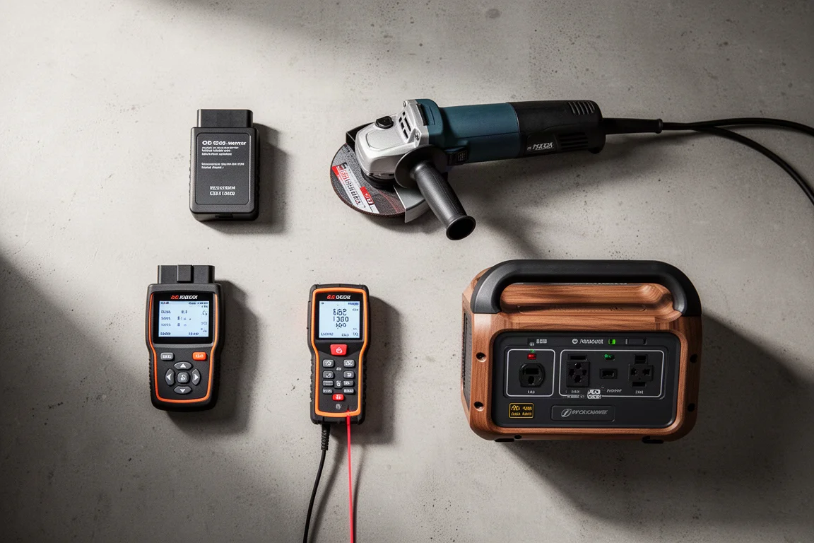 Workshop tools arranged on a concrete surface including a scanner, grinder, laser measure, and power station