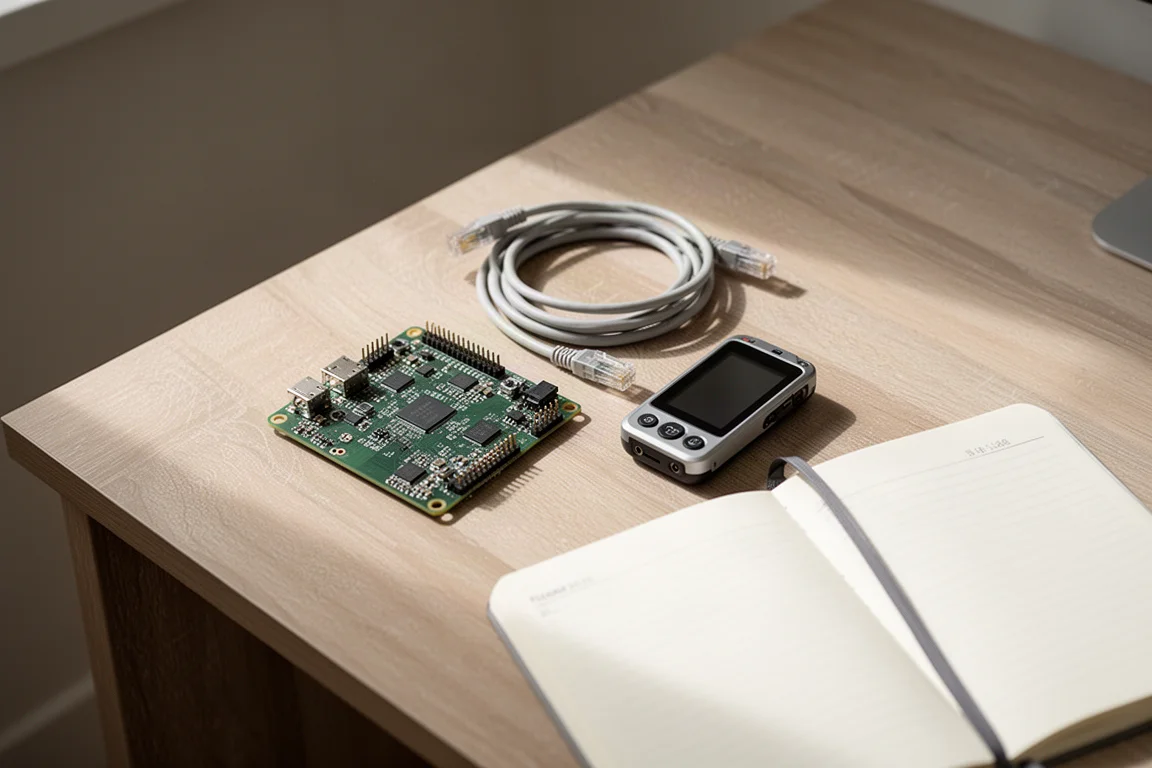 Scena dall'alto di una scrivania con un laptop chiuso, un router, cavi, cuffie con filo e un taccuino
