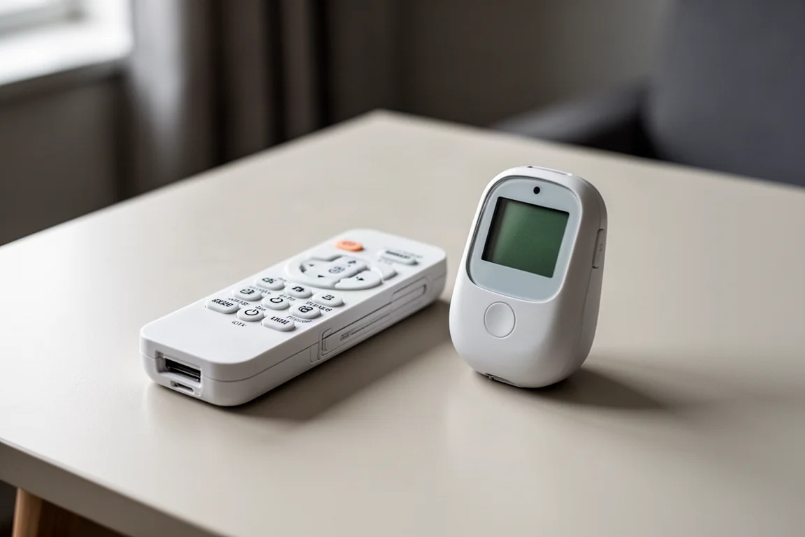 Piccolo dispositivo portatile su un tavolo di legno accanto a un telecomando domestico per il condizionatore
