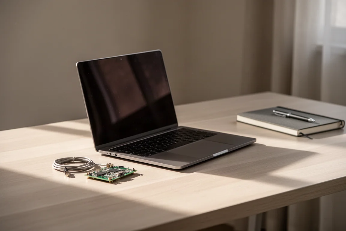 Vista dall'alto di un laptop, cuffie, lettore portatile, scheda a circuito e dispositivo portatile su cemento