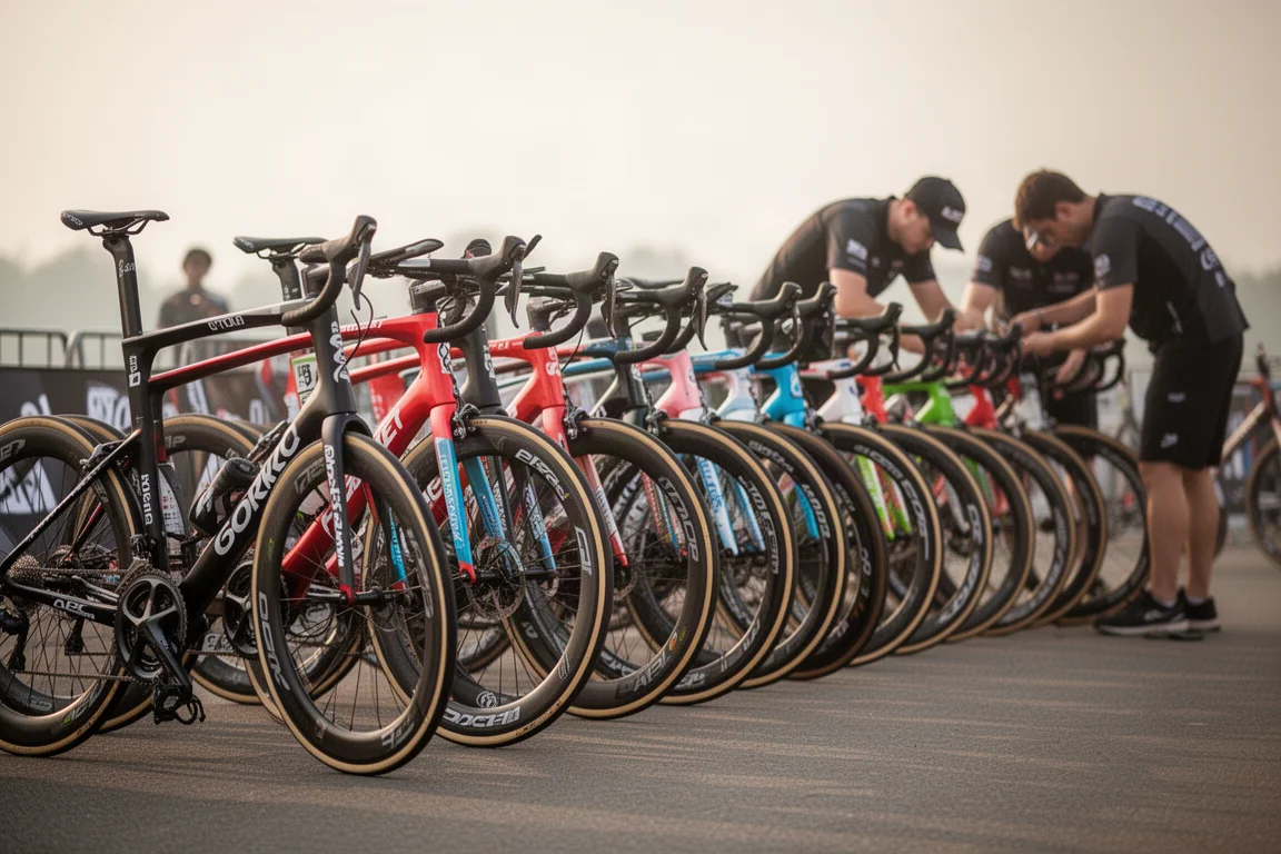 Rangée de vélos de route du peloton professionnel aux couleurs des équipes au départ d'une course