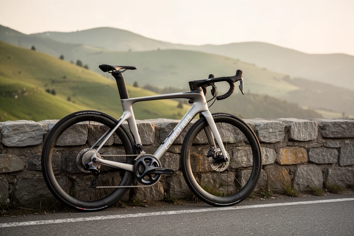 Vélo de route aéro avec cockpit intégré sur une route de montagne