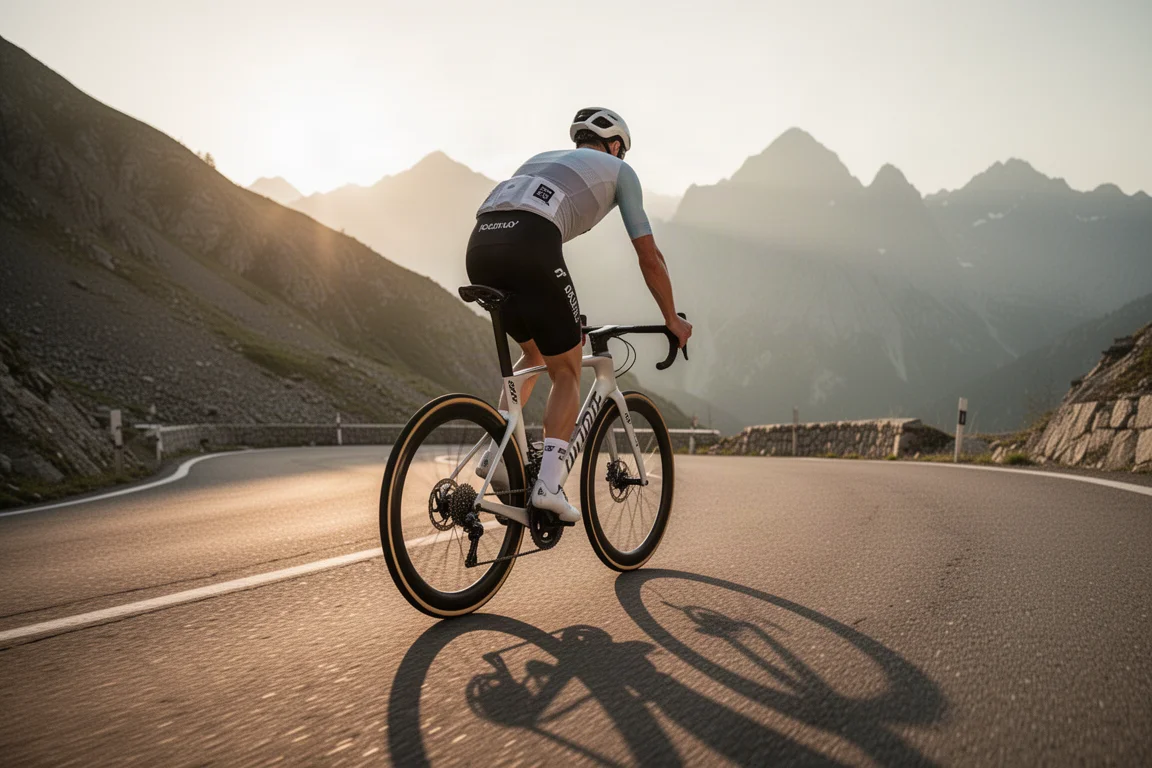 Cycliste sur route grimpant sur un vélo aéro léger au coucher du soleil