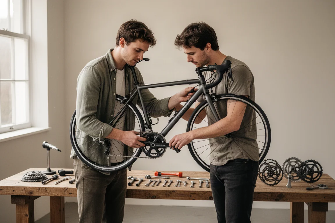 Cycliste inspectant un vélo de route dans un atelier avec des outils