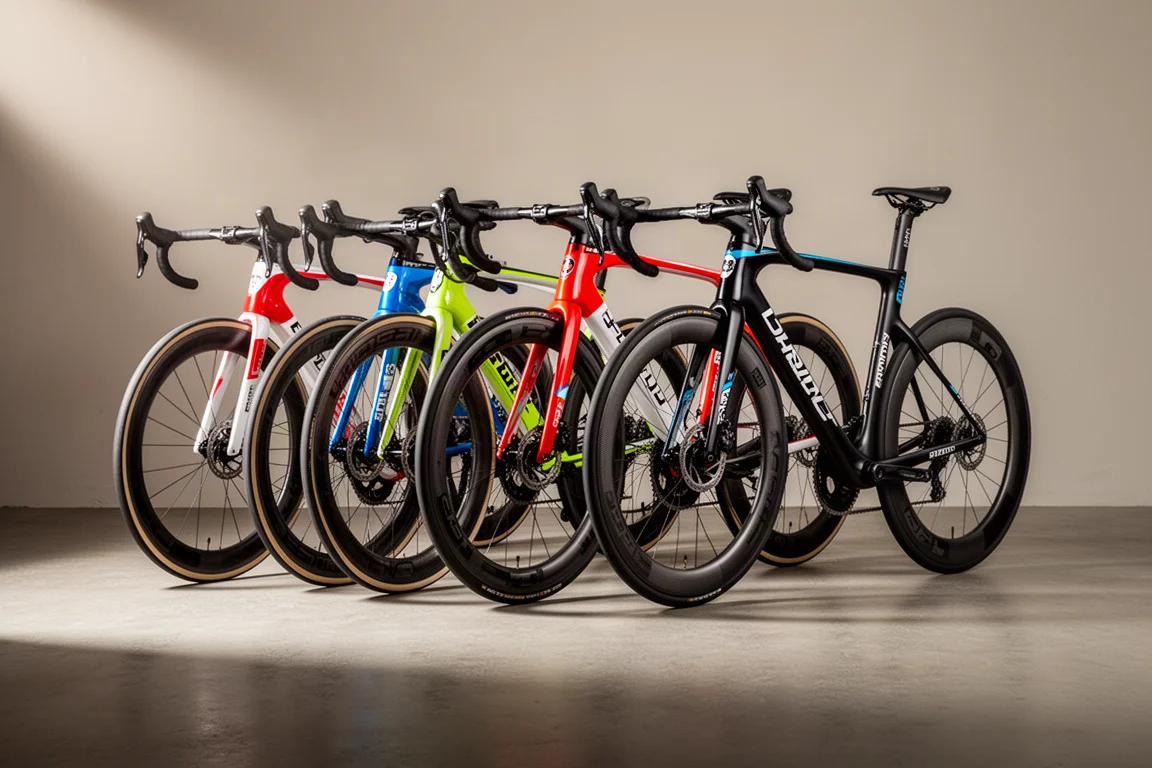 Fila di biciclette da corsa di alta gamma con ruote a profilo alto su cemento