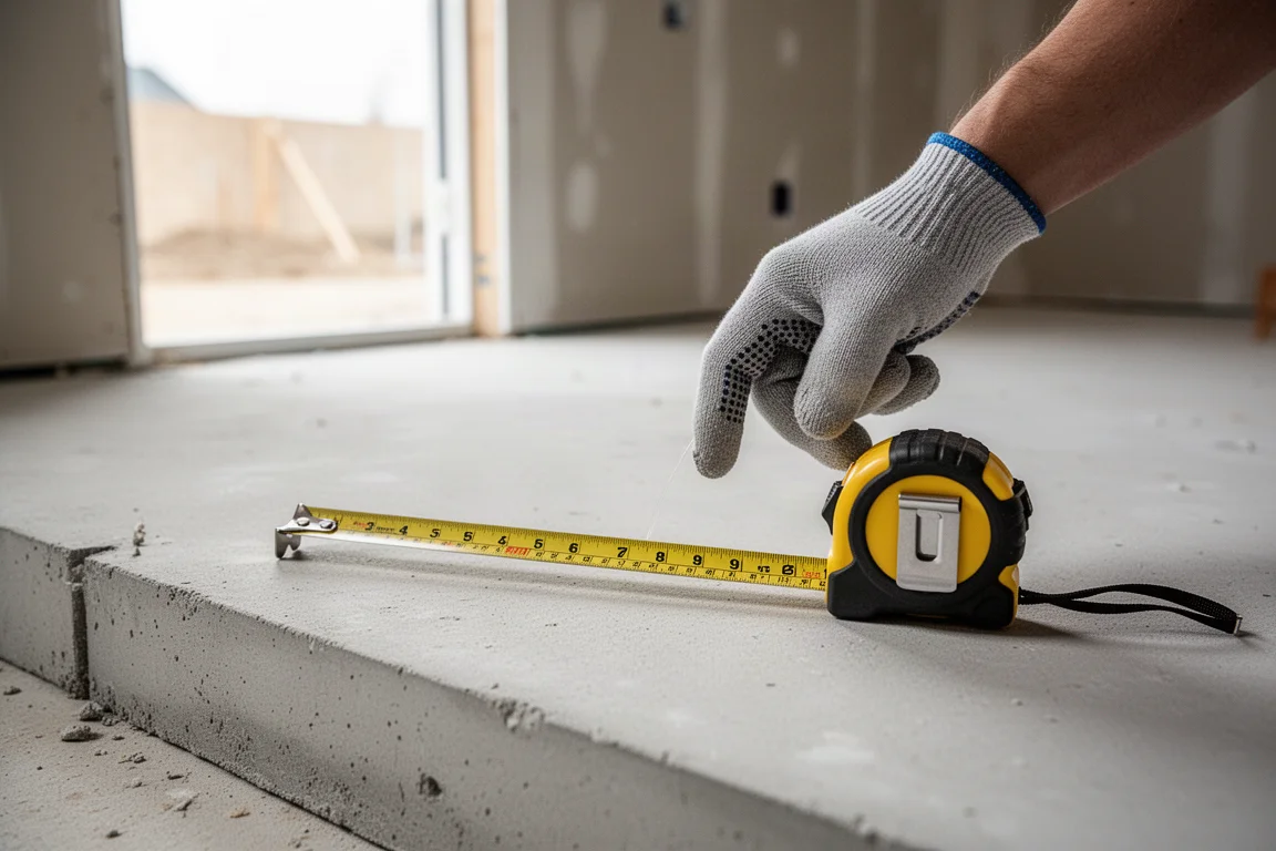 Handwerker zieht ein 25-Fuß-Maßband über eine Betonplatte
