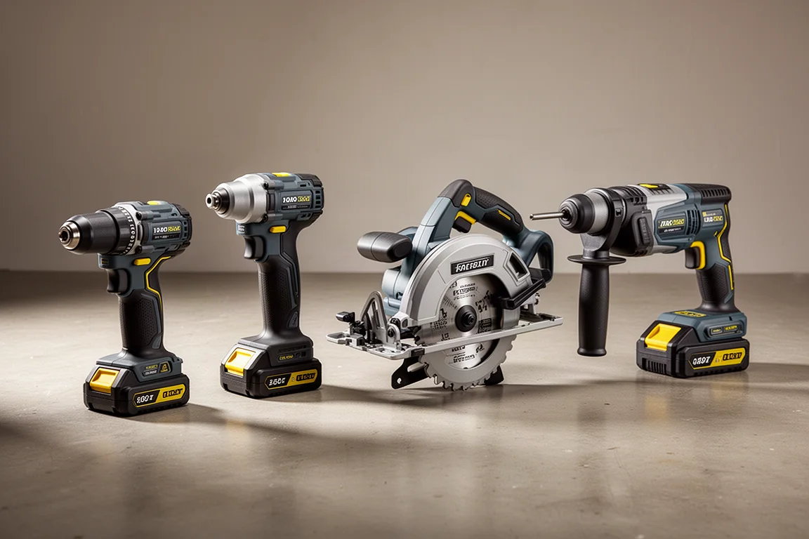 Lineup of cordless pro power tools on a concrete workshop floor