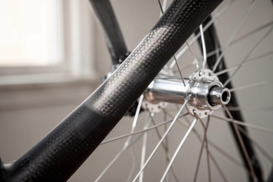 Detalhe de um quadro de bicicleta de carbono sem pintura com um cubo e raios prateados ao fundo