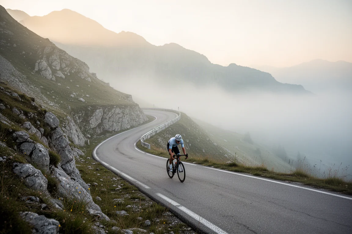 Ciclista de estrada subindo uma íngreme estrada alpina em zigue-zague ao nascer do sol