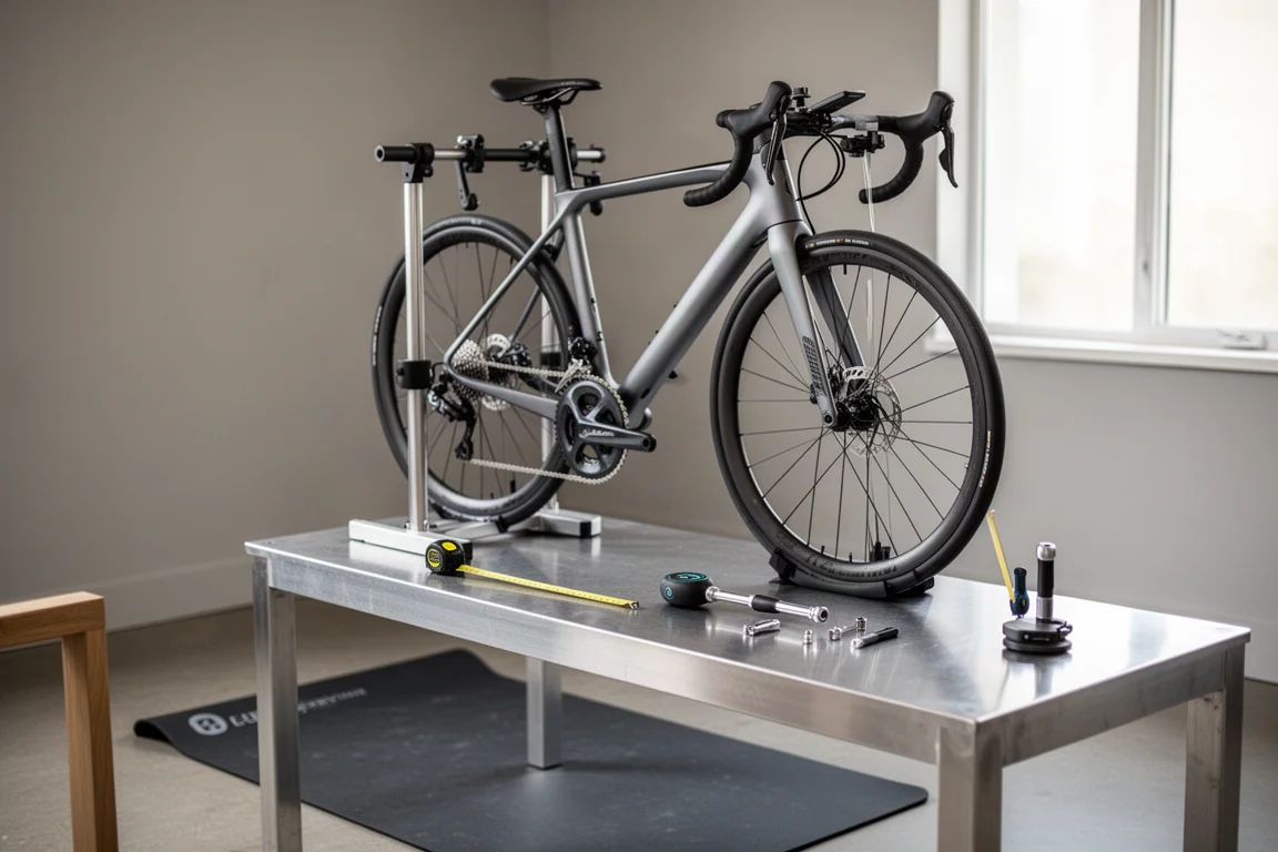 Bike de estrada em um suporte de reparo em um estúdio de bike fit com ferramentas em uma bancada