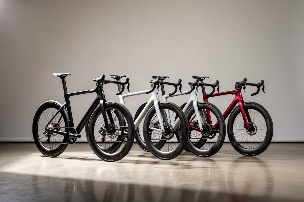 Four modern carbon road racing bicycles lined up in a bright studio