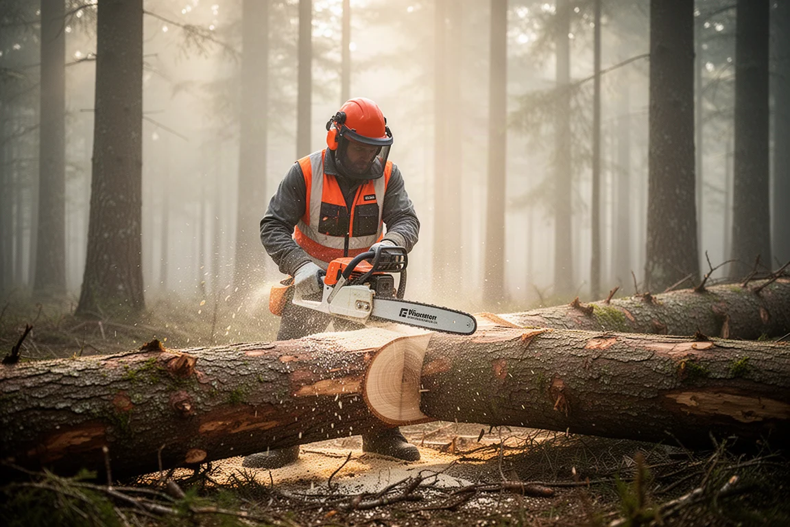 Bûcheron professionnel coupant une grosse bûche avec une tronçonneuse thermique en forêt