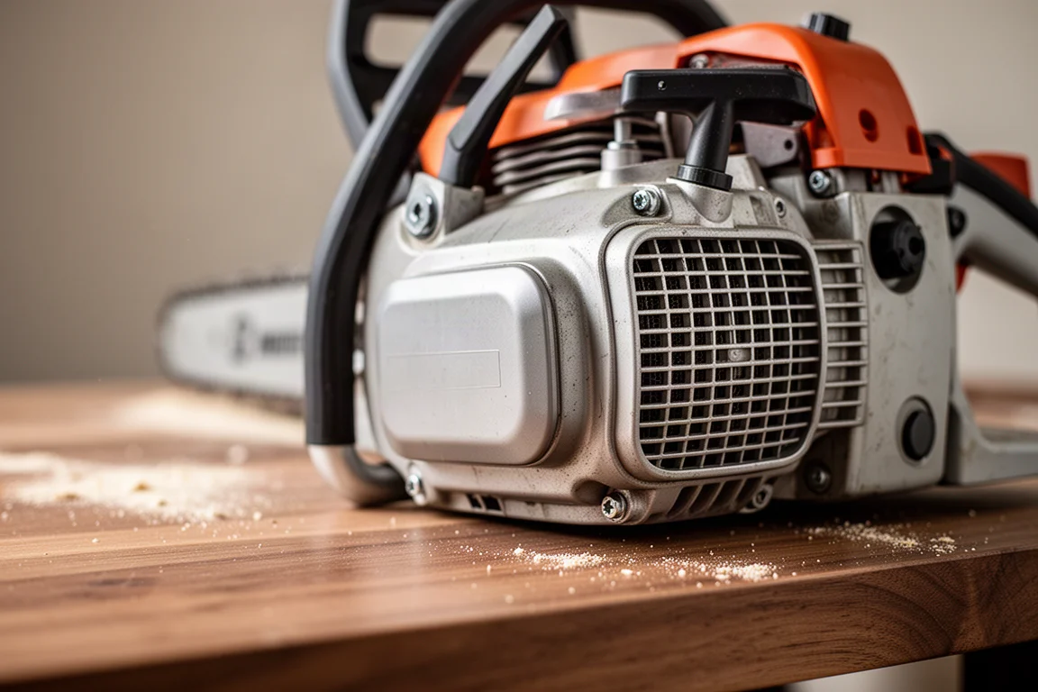 Gros plan sur un filtre à air de tronçonneuse et le carter moteur sur un établi