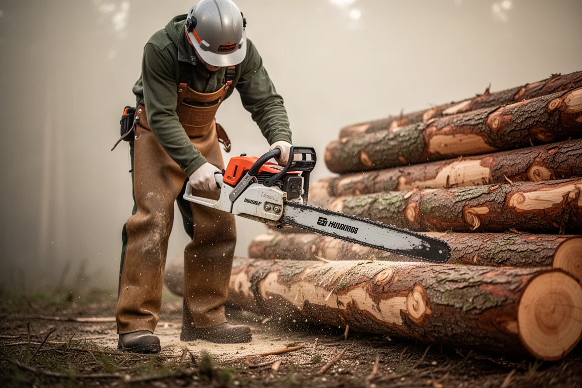 Forestier manipulant une tronçonneuse à grosse cylindrée avec un long guide à côté de bois empilé