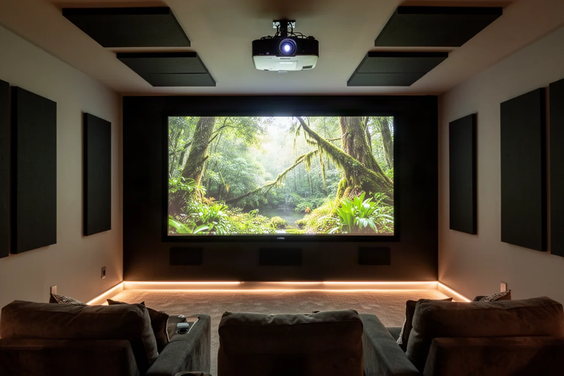 Heimkino-Setup mit großer Projektionsfläche und dunklen Wänden