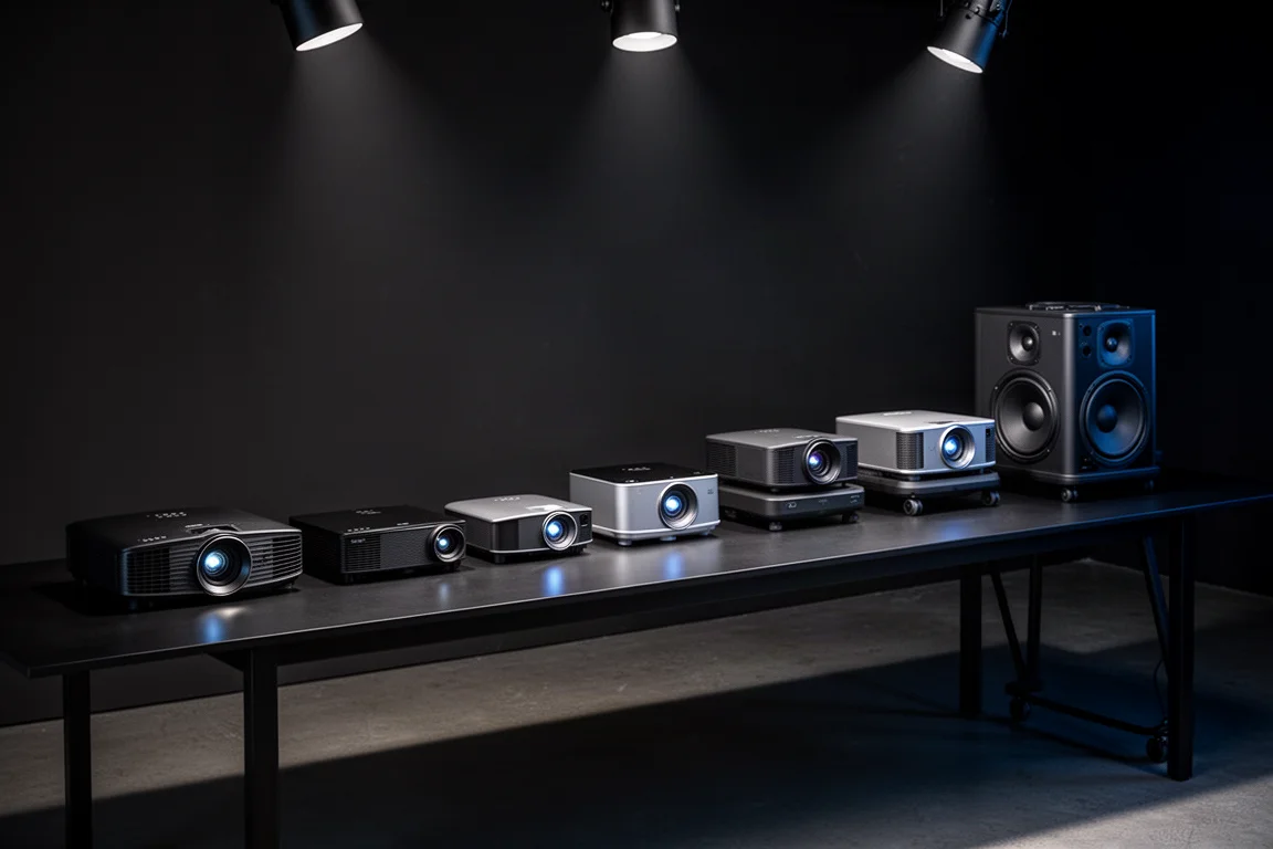 Row of ten flagship projectors on a table in a dark room