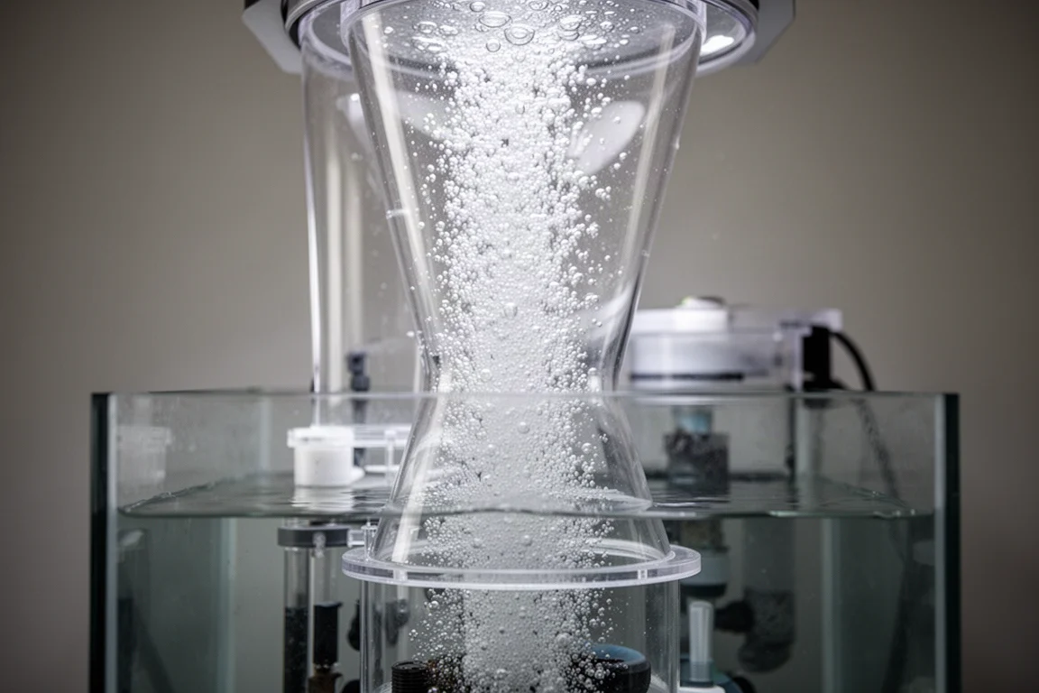 Dense column of fine bubbles inside a clear skimmer body