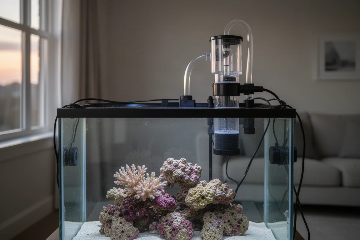 Hang-on protein skimmer mounted on the rear glass of a reef tank