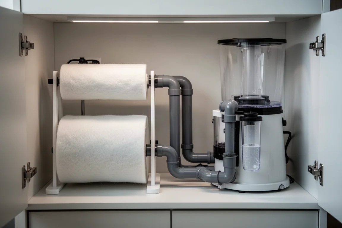 Reef tank sump cabinet with filter roller and protein skimmer