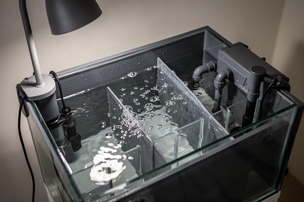 Technikbecken-Abteil eines Riffaquariums mit klarem Wasser, Schwallwänden und feinen Bläschen