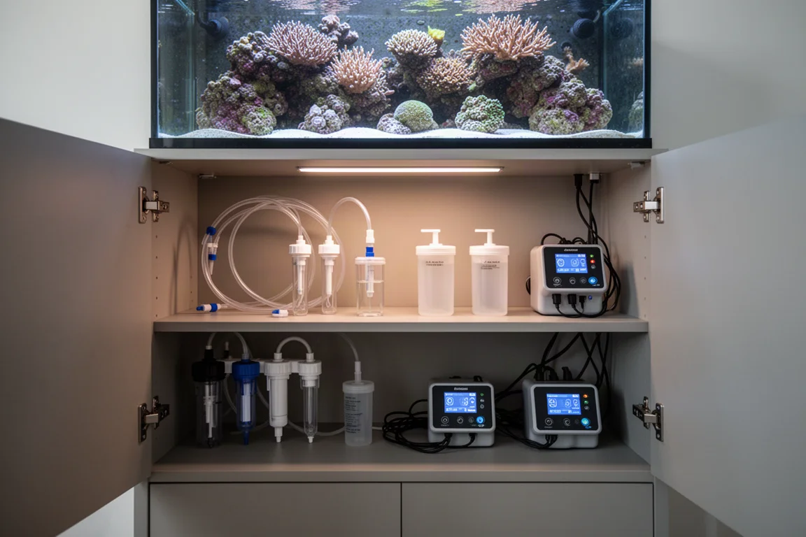 Ordentlich organisiertes Schrankabteil eines Riffaquariums mit Schläuchen und Behältern