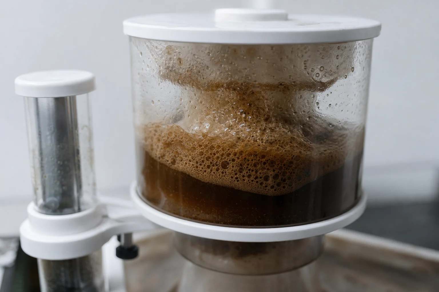 Protein skimmer collection cup filling with concentrated organic waste foam