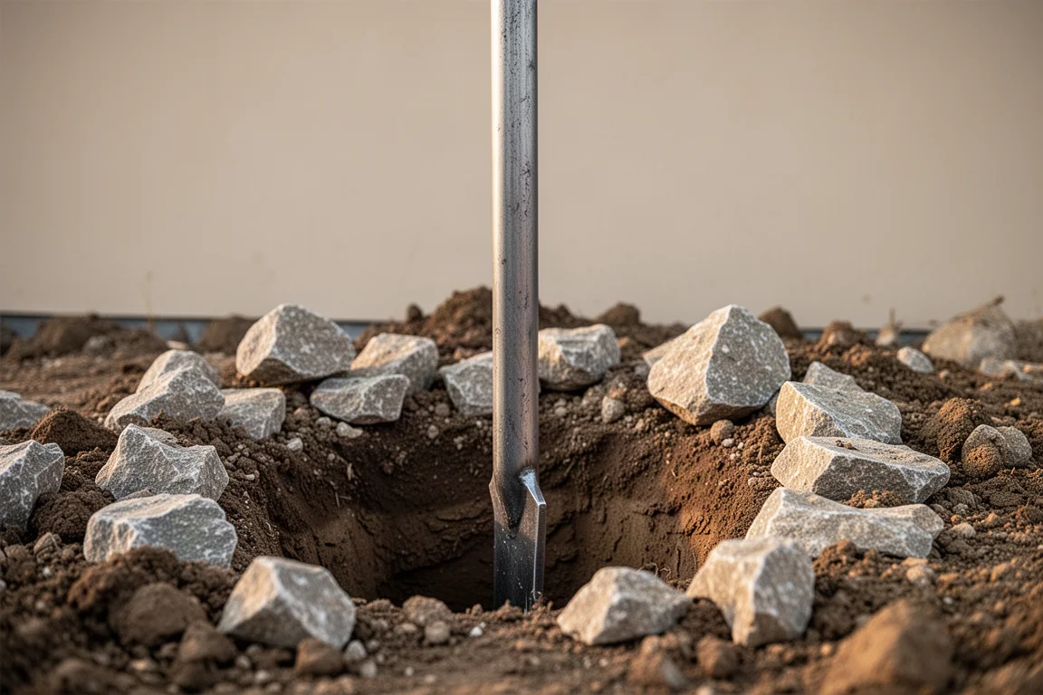 Langer Stahl-Grabstangenabschnitt in einem steinigen Pfostenloch auf einer Baustelle