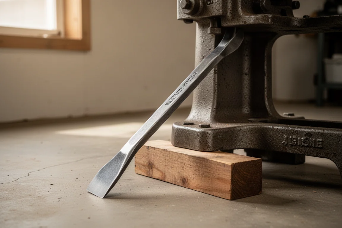 Arbeiter hebt mit einer langen Stange mit breitem Blatt eine schwere Maschine vom Boden