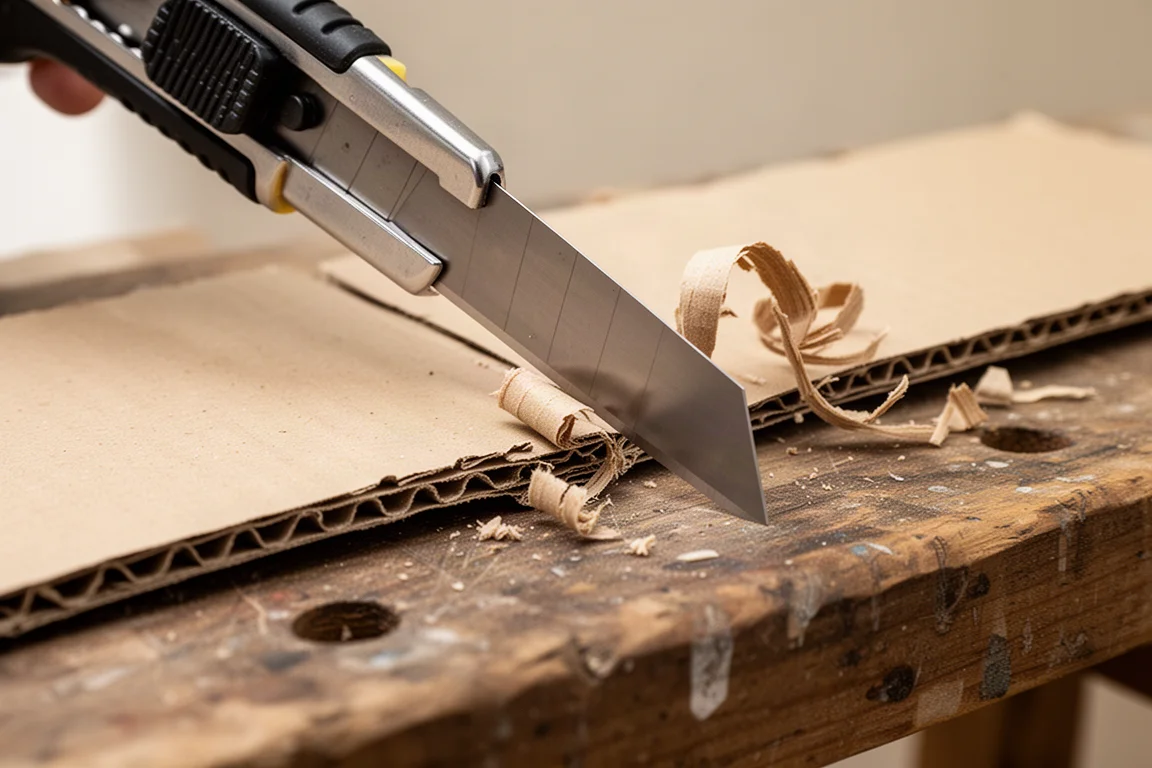 Utility knife blade cutting through cardboard on a workbench