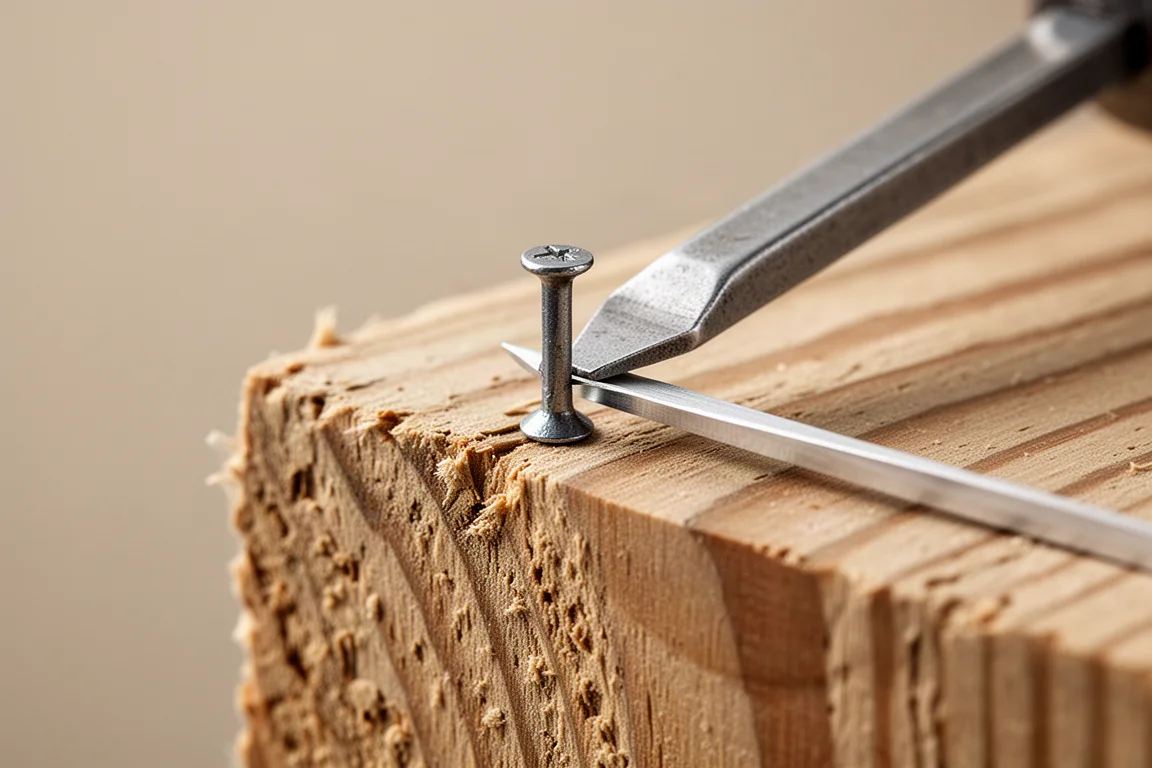 Small pry bar wedging under a nail head on rough lumber