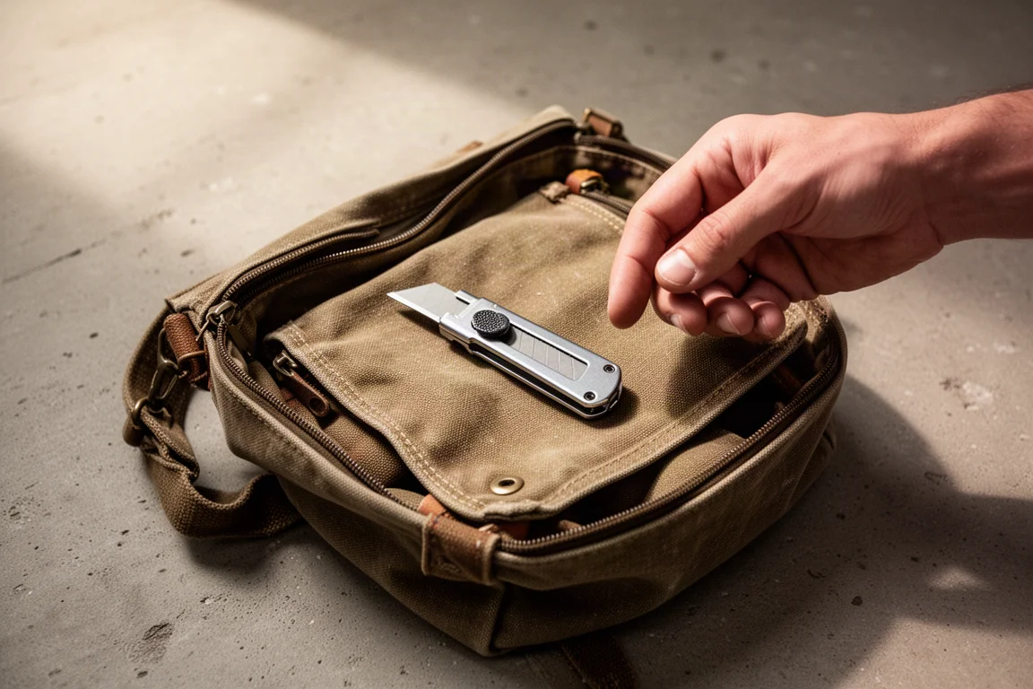 Hands holding a compact utility knife over a cluttered tool bag