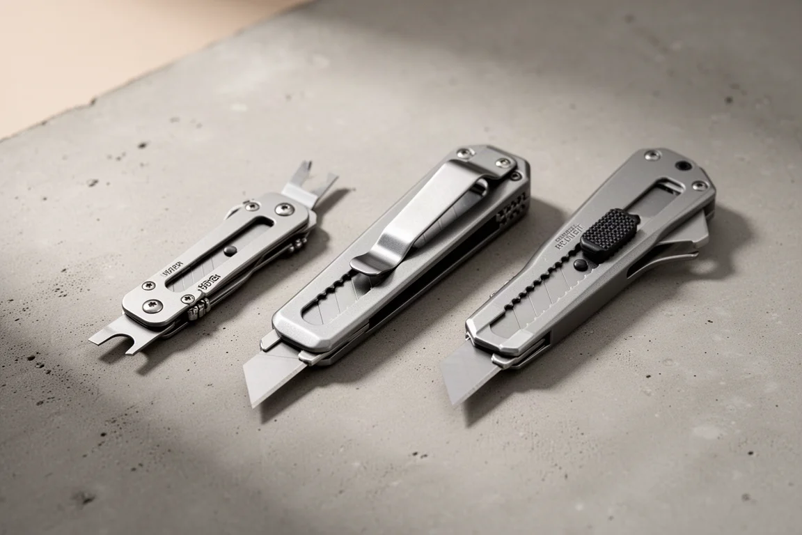 Three compact pry bar utility knives lined up on a concrete surface