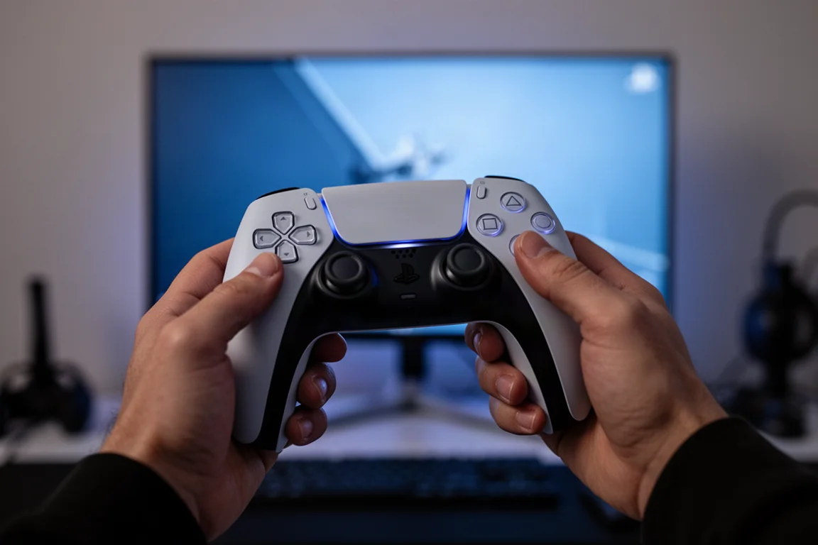 薄暗い部屋でPS5コントローラーを手に持つゲーマー。背景にはモニターが光っている