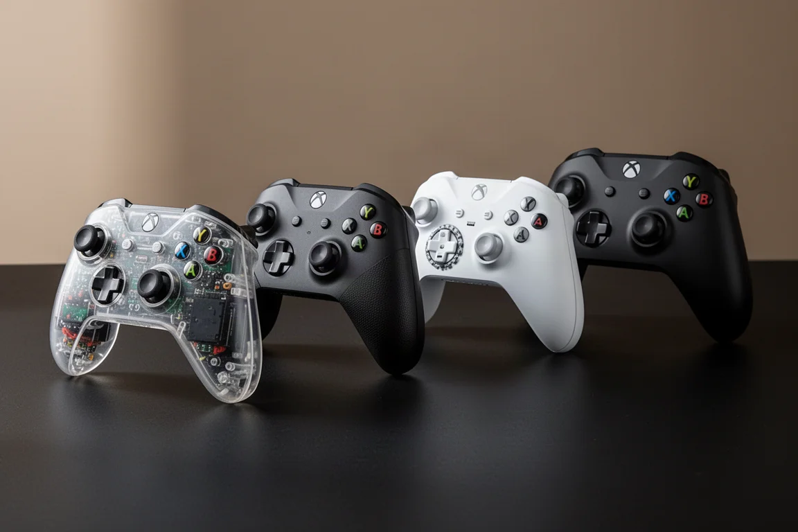 Quatre manettes PS5 haut de gamme alignées sur une surface noire mate