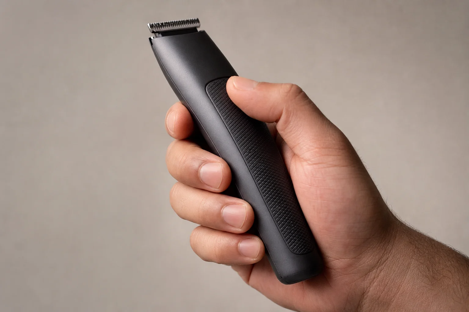 Mano che impugna un regolabarba dimostrando l'impugnatura ergonomica