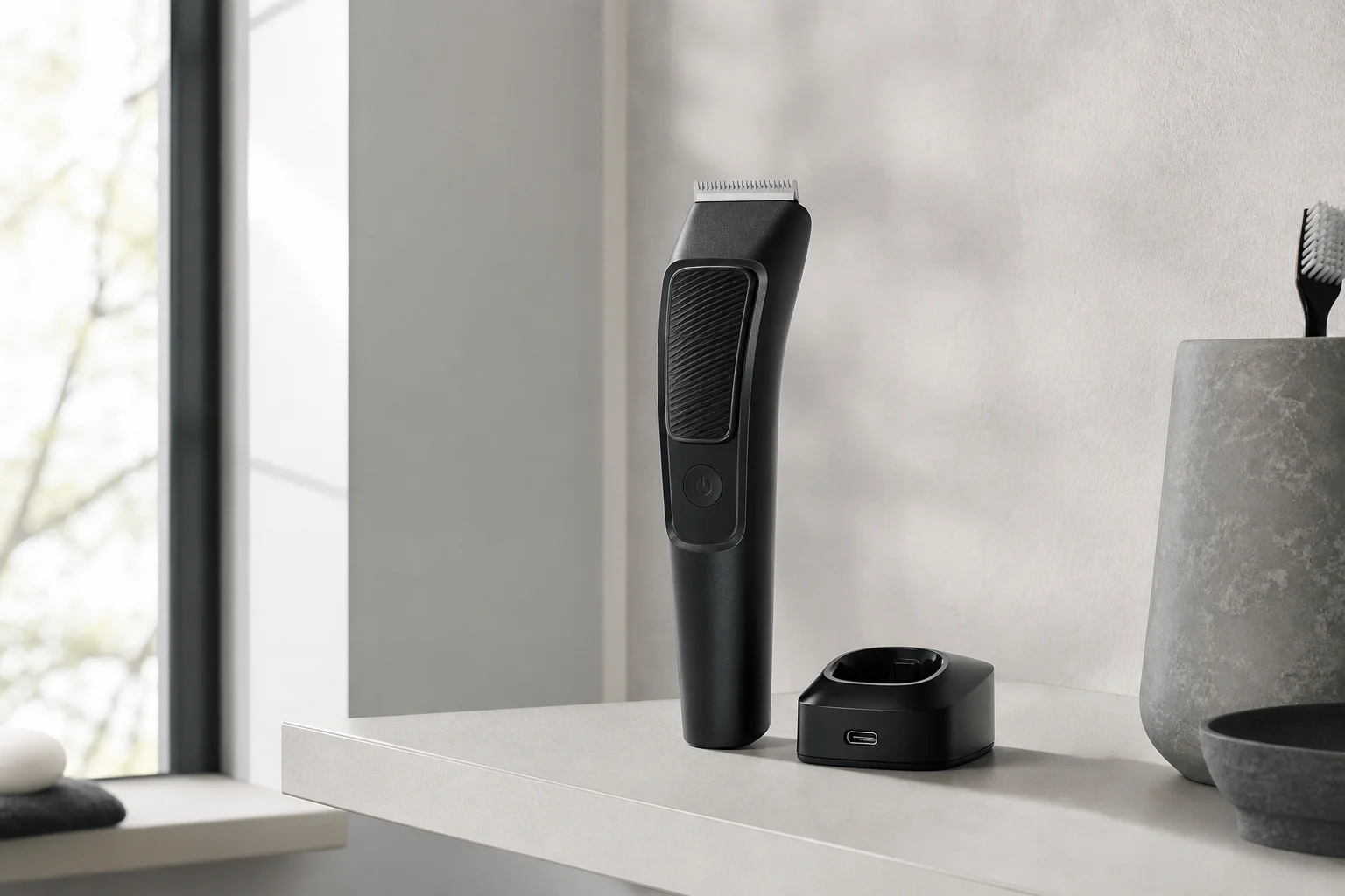 Regolabarba con base di ricarica USB su una mensola del bagno