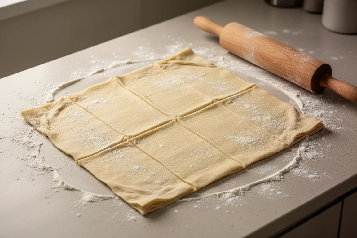 Feuilles de pâte feuilletée crue dépliées sur un plan de travail fariné