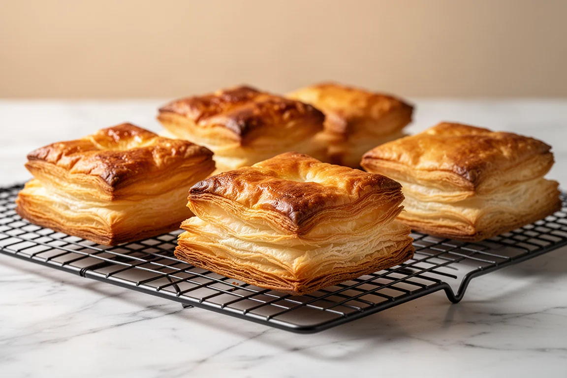 Tartelettes de pâte feuilletée dorées et feuilletées refroidissant sur une grille