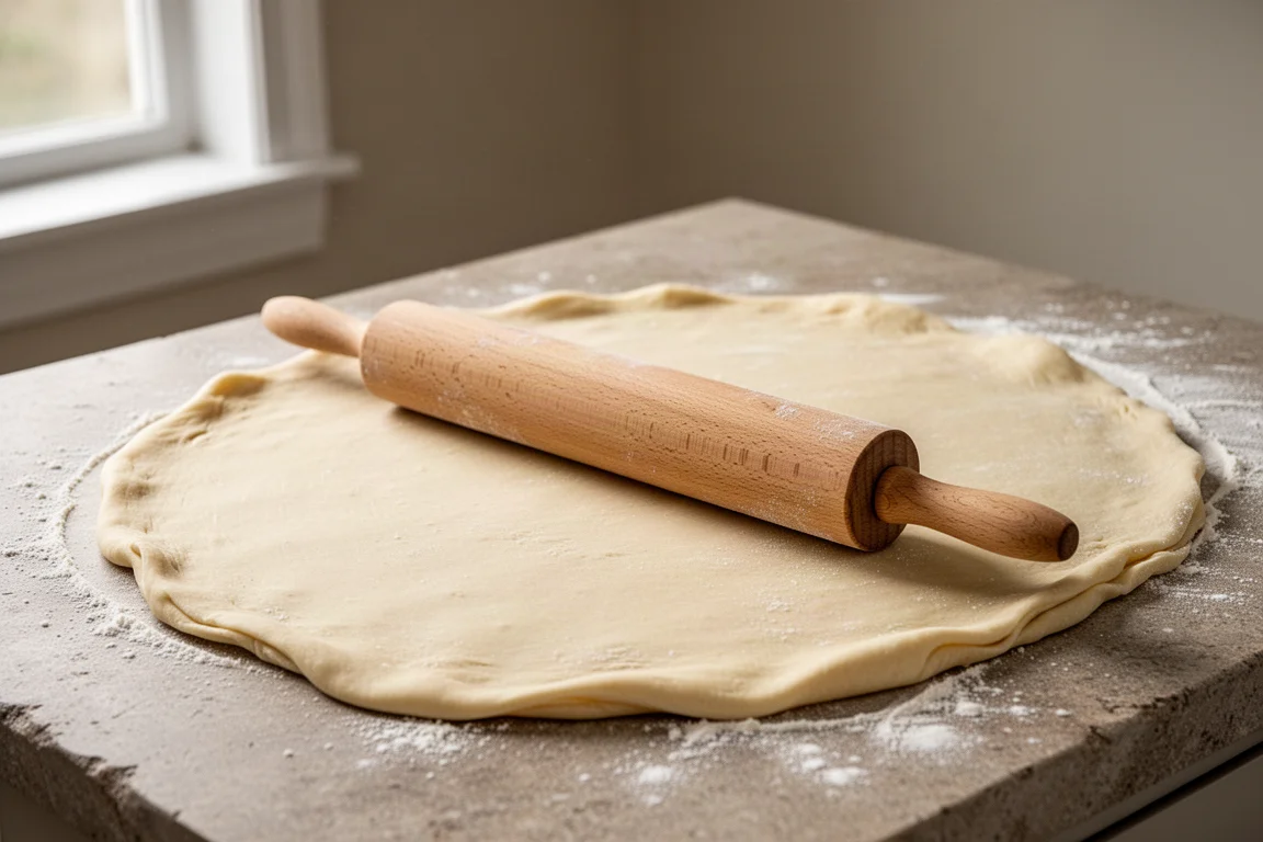 Pâte feuilletée étalée au rouleau en bois