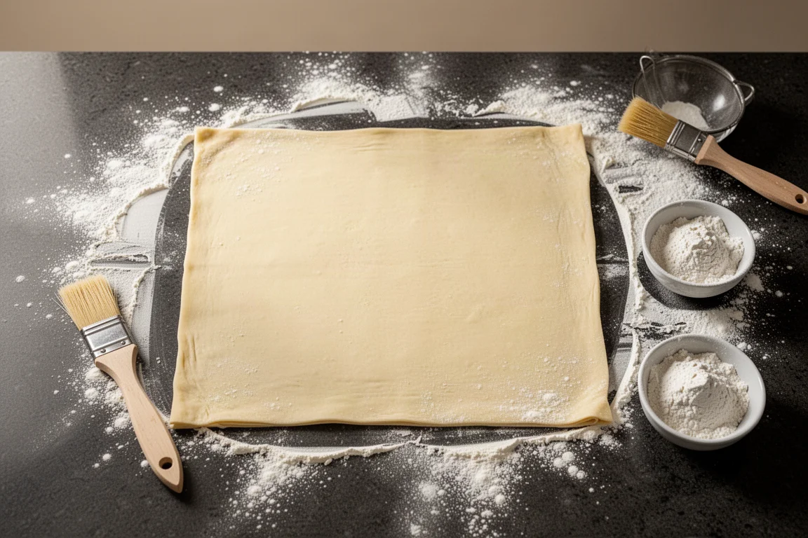 Feuille de pâte feuilletée réfrigérée déroulée sur un plan de travail généreusement fariné