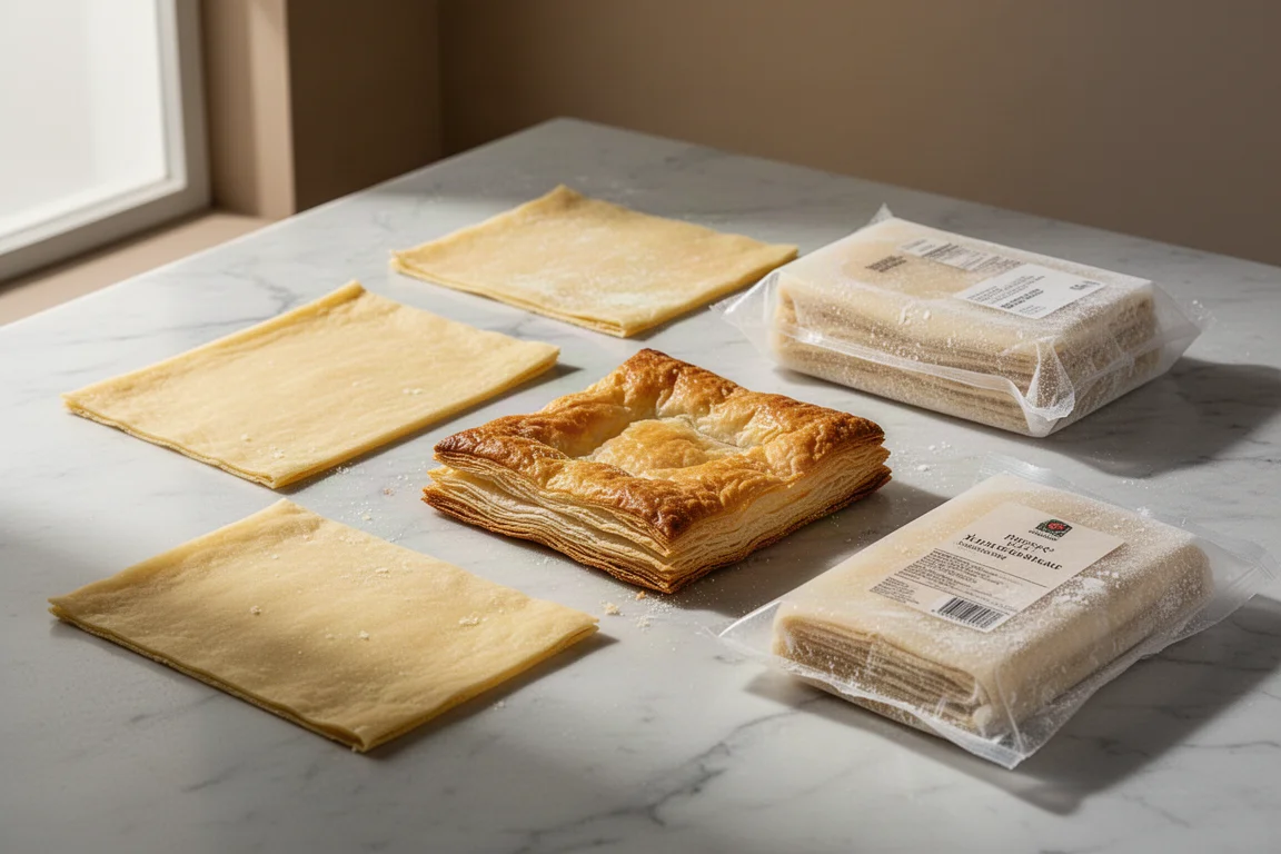 Sheets of golden puff pastry, some raw and some baked, on a marble surface