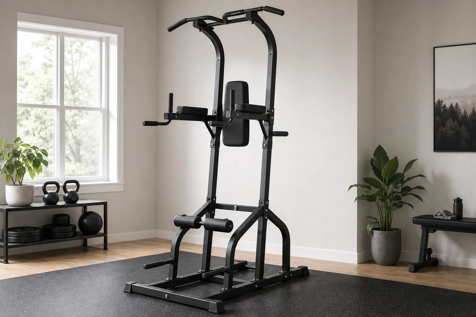 Freistehender Power Tower mit mehreren Trainingsstationen in einem Home-Gym
