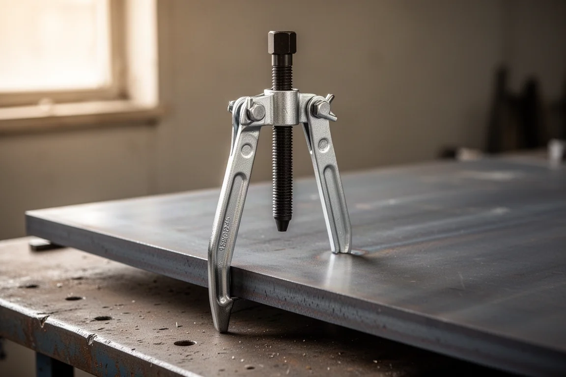 Three-jaw puller clamped onto a steel plate on a workshop bench
