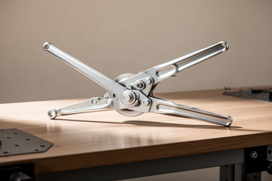 Puller with self-tensioning arms resting open on a workbench